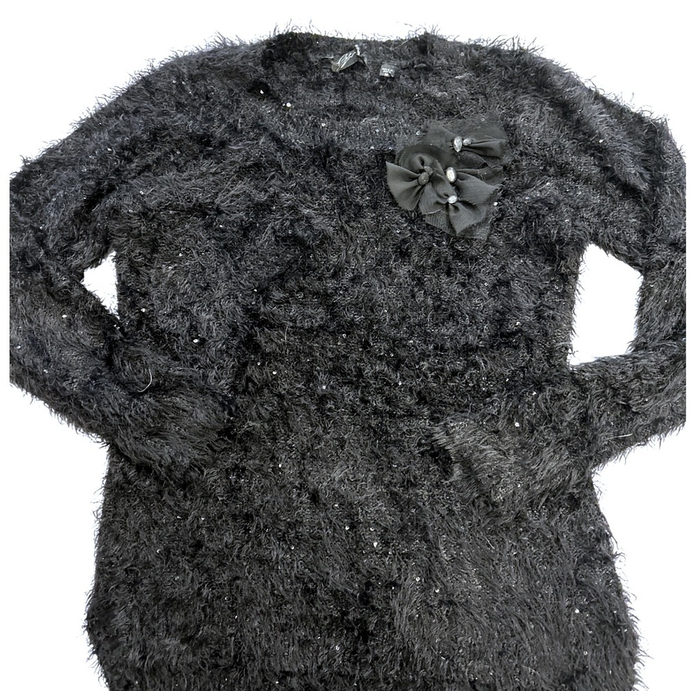 Black‎ Fuzzy Sequin Bow Sweater MEDIUM Detail Long Sleeve Sweater Top Women